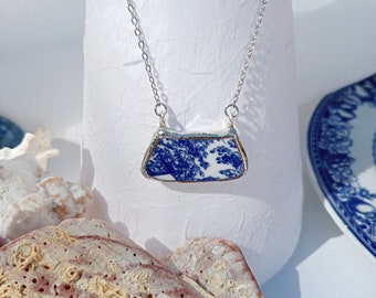 Pendant, unique, made with old broken plates, recycled, handmade in Spain, elegant Mediterranean blue style. Original gift.