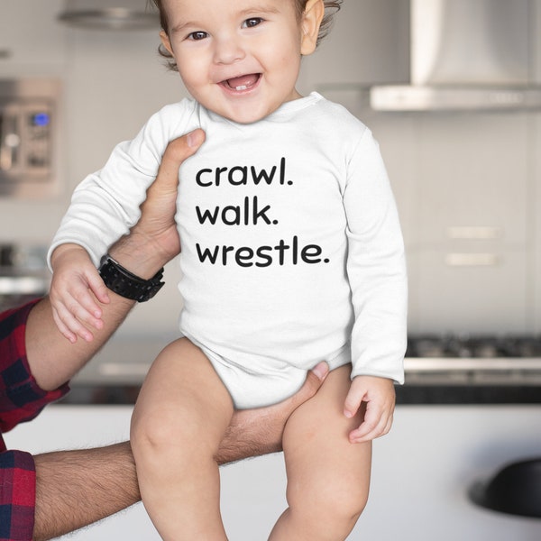 Crawl, Walk, Wrestle Bodysuit, Infant Sports Bodysuit, Baby Shower Gift, Neutral Infant Creeper, Newborn Boys Wrestling Shirt