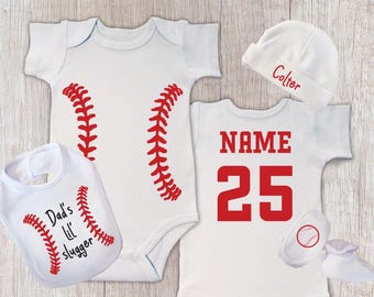 Personalized Baseball Bodysuit, Infant Sports Bodysuit, Baby Shower Gift, Baby Boys Bib, Hat Booties, Baseball Top with Name and Number