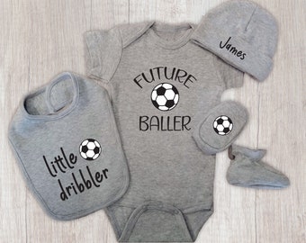 Soccer Baby Set, Future Baller Soccer Bodysuit, Personalized Baby Hat, Little Dribbler Bib and Soccer Baby Booties, Unisex Baby Shower Gift