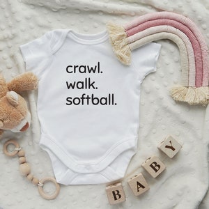 Crawl, Walk, Softball Bodysuit, Infant Sports Bodysuit, Girls Baby Shower Gift, Unisex Infant Creeper, Newborn Boys Softball Bodysuit