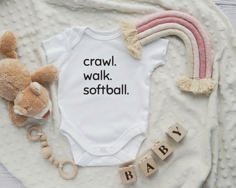 Crawl, Walk, Softball Bodysuit, Infant Sports Bodysuit, Baby Shower Gift, Unisex Infant Creeper, Newborn Softball Top