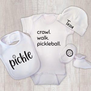 Crawl, Walk, Pickleball Bodysuit, 4 Piece Pickleball Set, Baby Shower Gift, Pickleball Infant Booties, Newborn Pickleball Hat, Baby Bib