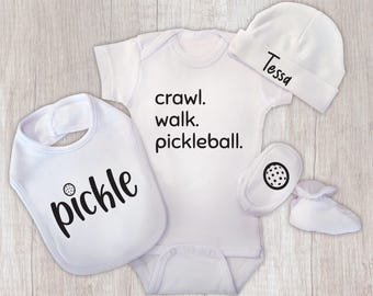 Crawl, Walk, Pickleball Bodysuit, 4 Piece Pickleball Set, Baby Shower Gift, Pickleball Infant Booties, Newborn Pickleball Hat, Baby Bib