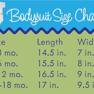 Peut inclure: Un tableau bleu et vert avec le texte "Tableau des tailles de body". Le tableau indique les mesures de longueur et de largeur en pouces pour diff&eacute;rentes tailles de body pour b&eacute;b&eacute;, de 0-3 mois &agrave; 12-18 mois.
