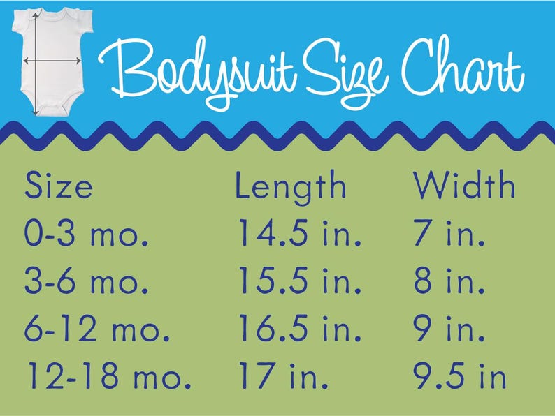 Peut inclure: Un tableau bleu et vert avec le texte "Tableau des tailles de body". Le tableau indique les mesures de longueur et de largeur en pouces pour diff&eacute;rentes tailles de body pour b&eacute;b&eacute;, de 0-3 mois &agrave; 12-18 mois.