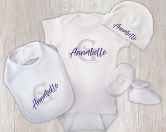 Monogrammed Baby Set, Monogram Bodysuit, Personalized Baby Hat, Monogram Bib and Baby Booties, 4 Pc New Baby Gift, Girls Coming Home Outfit
