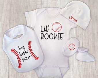 Baseball Baby Set, Lil' Rookie Baseball Bodysuit, Personalized Baby Hat, Baseball Bib and Baby Booties, Baby Shower Gift Set, Baby Clothing