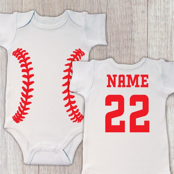 Personalized Baseball Bodysuit, Infant Sports Bodysuit, Baby Shower Gift, Baby Boys Creeper, Newborn Baseball Top with Name and Number