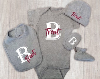 Baby Monogrammed Set, Monogram Bodysuit, Personalized Baby Hat, Monogram Bib and Baby Booties, 4 Piece Baby Shower Gift, Infant Baby Gift