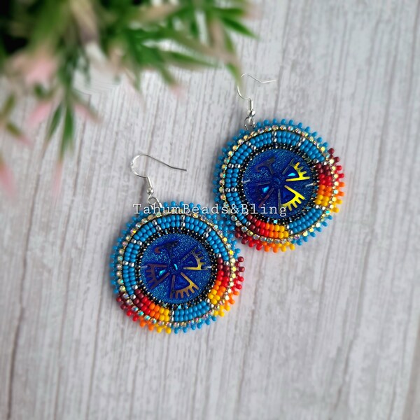 Round Beaded earrings, Blue. Hypoallergenic Hook earrings, beaded flat back earrings