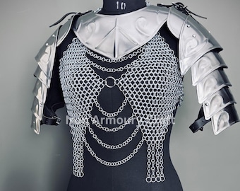 Female Knight Armor, Steel Gorget, Pouldron & Chainmail , LARP Cosplay Costume