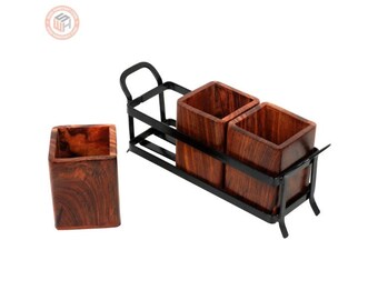 Sheesham Wood Handmade Cutlery holder with Wrought Iron Stand | that Looks Sturdy with 3 Sheesham Wood Jars set | made of Premium Wood