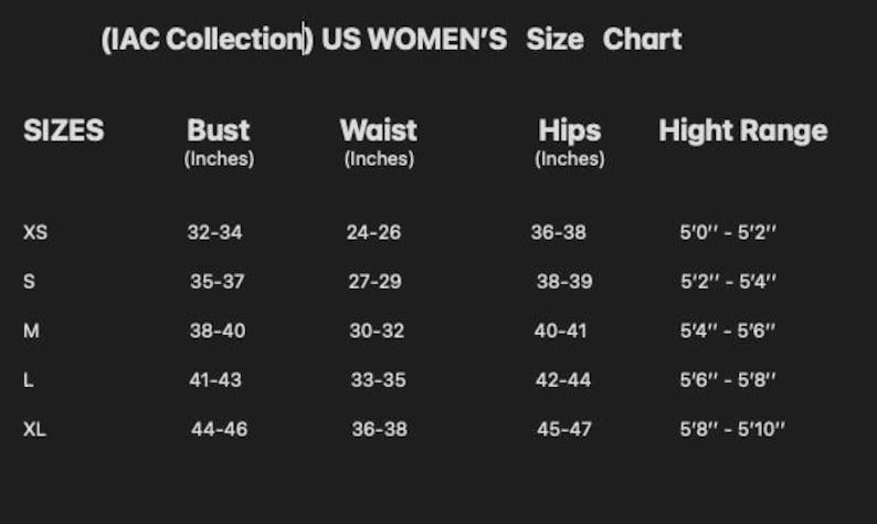 May include: A size chart for US women's clothing, with bust, waist, and hip measurements in inches, and height ranges. Sizes range from XS to XL. The chart is on a dark background.