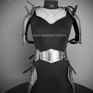 May include: Silver-toned metal armor for the shoulders, chest, and hips. The armor is worn on a black mannequin. The text "IRON ARMOURY CRAFTS" is printed on the mannequin's chest.