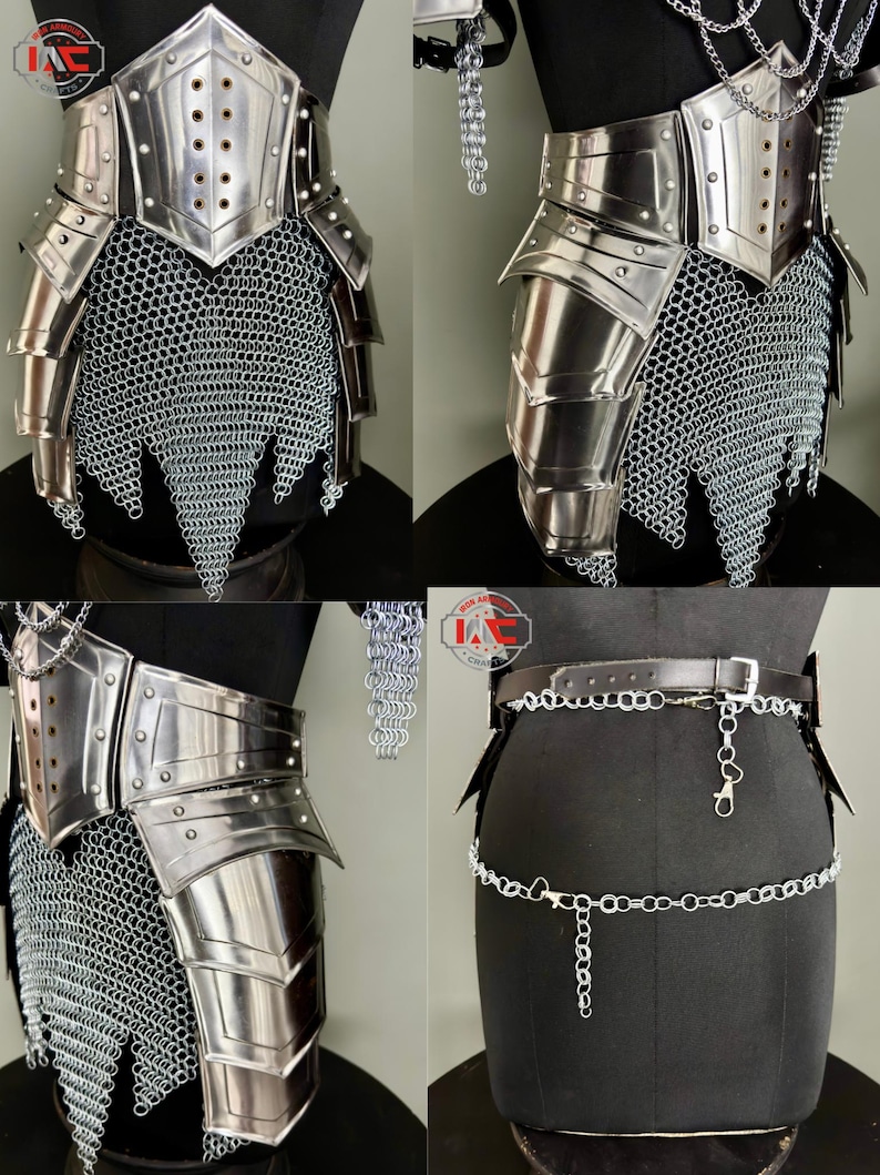 May include: A set of medieval-style armor pieces, including gauntlets, shoulder armor, and a belt with chain accents. The armor is made of shiny, silver-colored metal and chainmail. The belt is black leather with a silver chain.