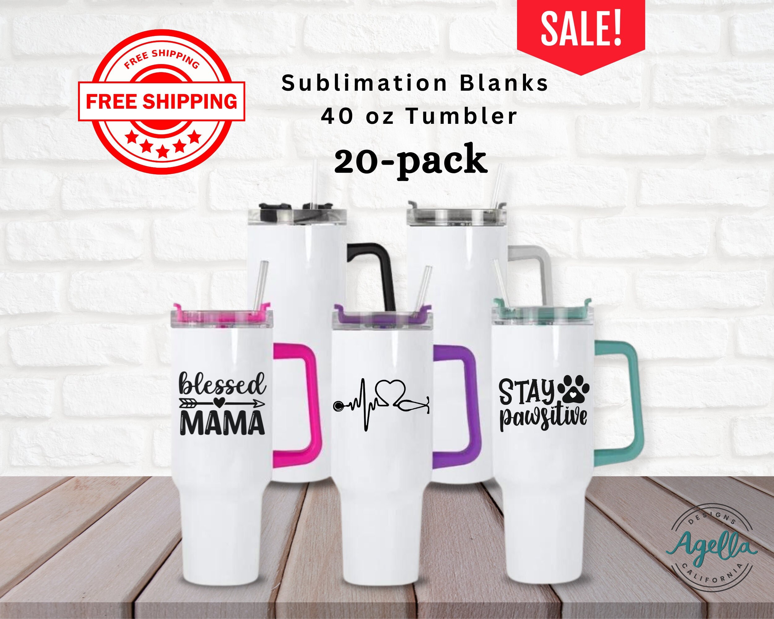 5-Pack 40OZ Sublimation Blank Tumbler With Handle! FREE SHIPPING!