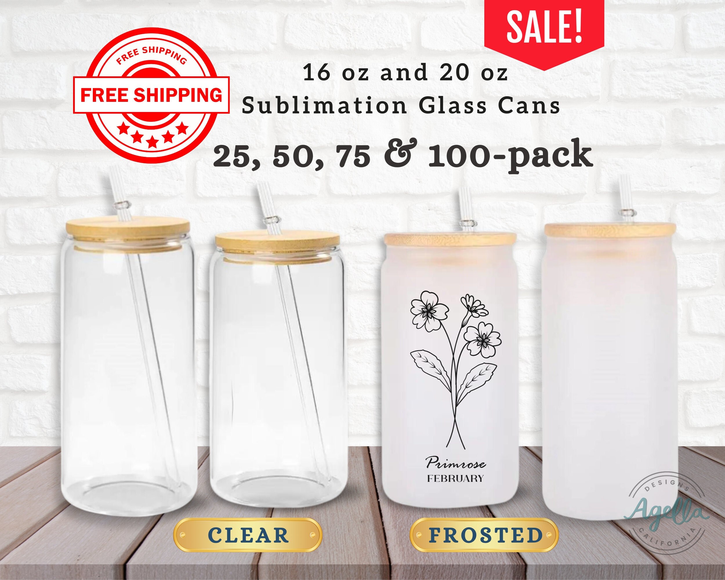 25 Pack Glass Sublimation, 16 Oz Glass Can, 20 Oz Glass Can, Sublimation  Tumblers, Frosted Glass, Clear Glass With Bamboo Lid, Sale 