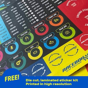 A set of colorful, die-cut, laminated stickers for a racing simulator. The stickers feature various racing-related icons and text, such as "Engine Start", "Brake Bias", "Traction", and "ABS". The stickers are printed in high resolution and are designed to be applied to a racing simulator's control panel.