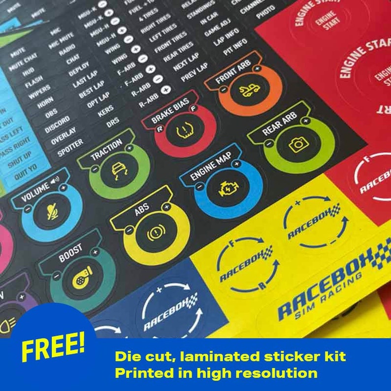 A set of colorful, die-cut, laminated stickers for a racing simulator. The stickers feature various racing-related icons and text, such as "Engine Start", "Brake Bias", "Traction", and "ABS". The stickers are printed in high resolution and are designed to be applied to a racing simulator's control panel.