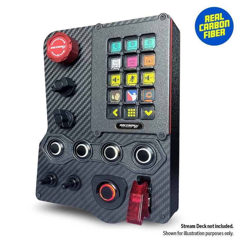 A black and red control panel with a carbon fiber finish. The panel has a variety of buttons, knobs, and switches. The text "RACEBOX" is printed on the panel. The text "REAL CARBON FIBER" is printed on a yellow sticker.