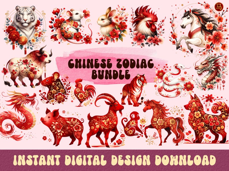 Chinese Zodiac Clipart, Chinese Zodiac Animals, Year of Dragon, Lunar