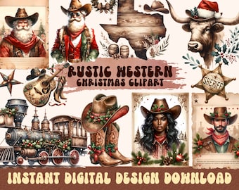 Rustieke westerse kerst clipart, vintage kerstontwerpbundel, wilde westen kerst PNG, Texaanse kerst, cowboy, cowgirl xmas clipart