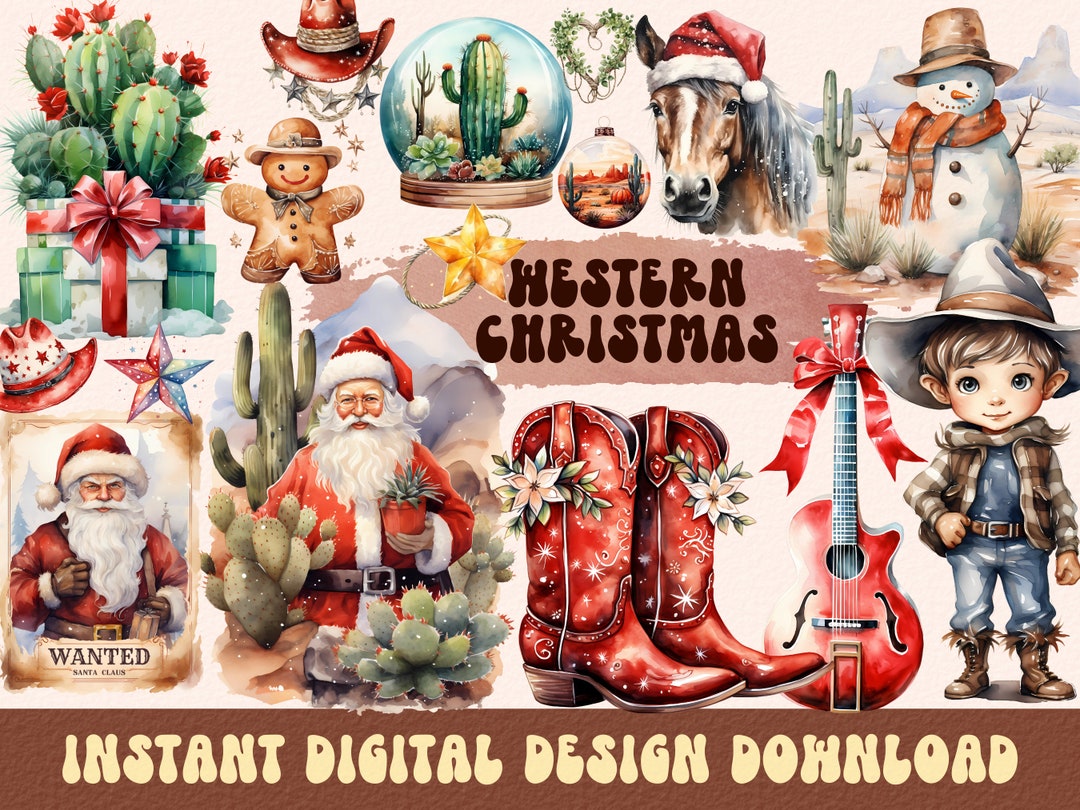 Western Christmas Clipart, Cowboy Christmas Clipart, Western Country