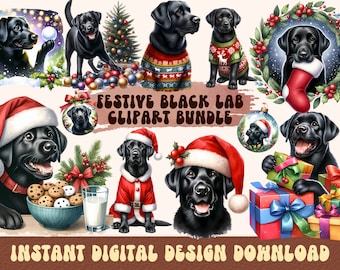 May include: A digital clipart bundle featuring festive black Labrador Retriever dogs in various holiday poses. The dogs are wearing Santa hats, sweaters, and holding gifts. The clipart is perfect for creating holiday cards, invitations, and other festive projects.