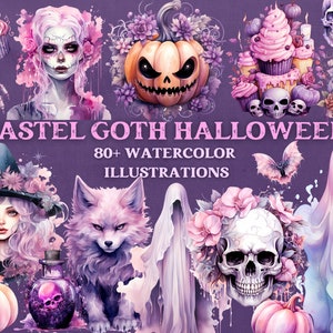 Pastell Goth Halloween Clipart Bundle, Halloween Aquarell Clipart, Pastell Halloween PNG Set, Rosa Goth Halloween, Pastell Halloween Clip Art