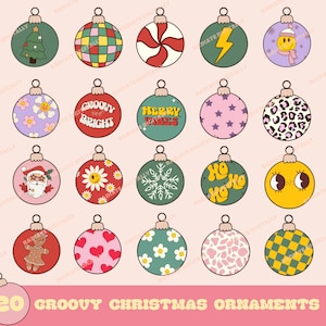 Groovy Christmas Ornaments, Retro Christmas Ornaments PNG, Groovy Christmas Sublimation, Pink Christmas, Pink Santa PNG Download + BONUSES!