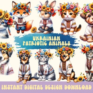 Patriotic Ukrainian Clipart, Cute Ukrainian Animals PNG, Watercolor Ukraine Clipart, Ukrainian Cat Clipart, Patriotic Ukrainian Dog Design