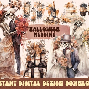 Halloween Wedding Clipart, Watercolor Boho Wedding Clipart, Boho Halloween Watercolor Clipart, Spooky Wedding PNG Bundle, Spooky Bride PNG