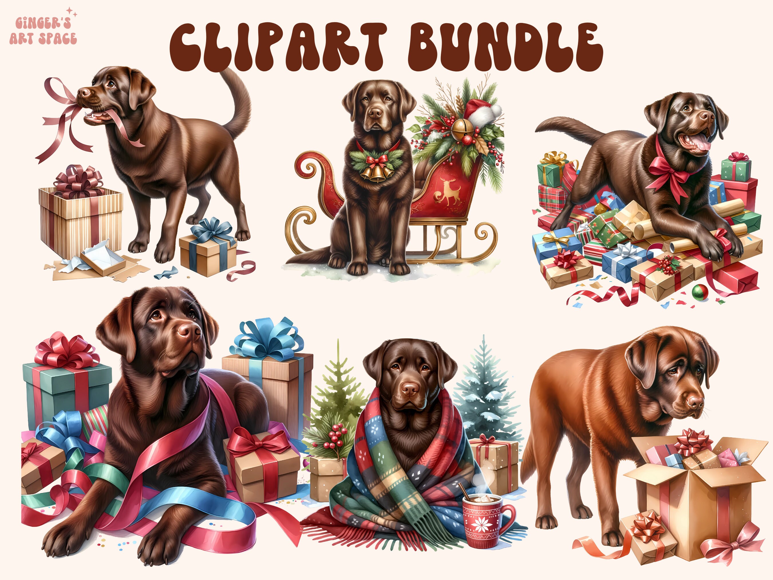 Chocolate Lab PNG, Chocolate Labrador Clipart Bundle, Watercolor