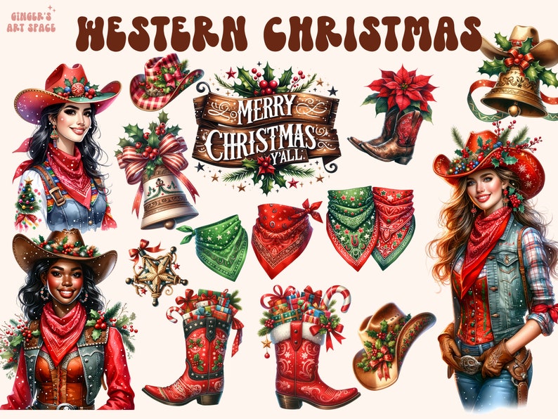 Western Christmas Clipart, Western Country Christmas Design Bundle