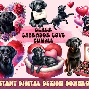 Black Lab PNG, Black Labrador Clipart Bundle, Watercolor Black Lab Clipart, Labrador Retriever Lovers, Black Labrador Valentines Clipart
