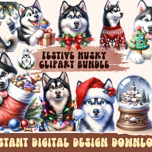 Husky PNG, Husky Clipart Bundle, Watercolor Husky Clipart, Dog Lovers, Husky Mom, Husky Dad Christmas Design Bundle, Husky Christmas Clipart