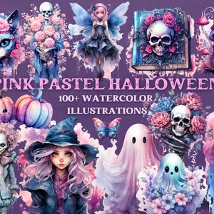 Pink Pastel Halloween Clipart Bundle, Pastel Halloween Watercolor Clipart, Pastel Goth Halloween PNG Set, Goth Aesthetic Watercolor Designs