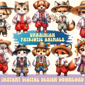 Patriotic Ukrainian Clipart, Cute Ukrainian Animals PNG, Watercolor Ukraine Clipart PNG, Cute Patriotic Ukrainian Animals for Boys and Girls