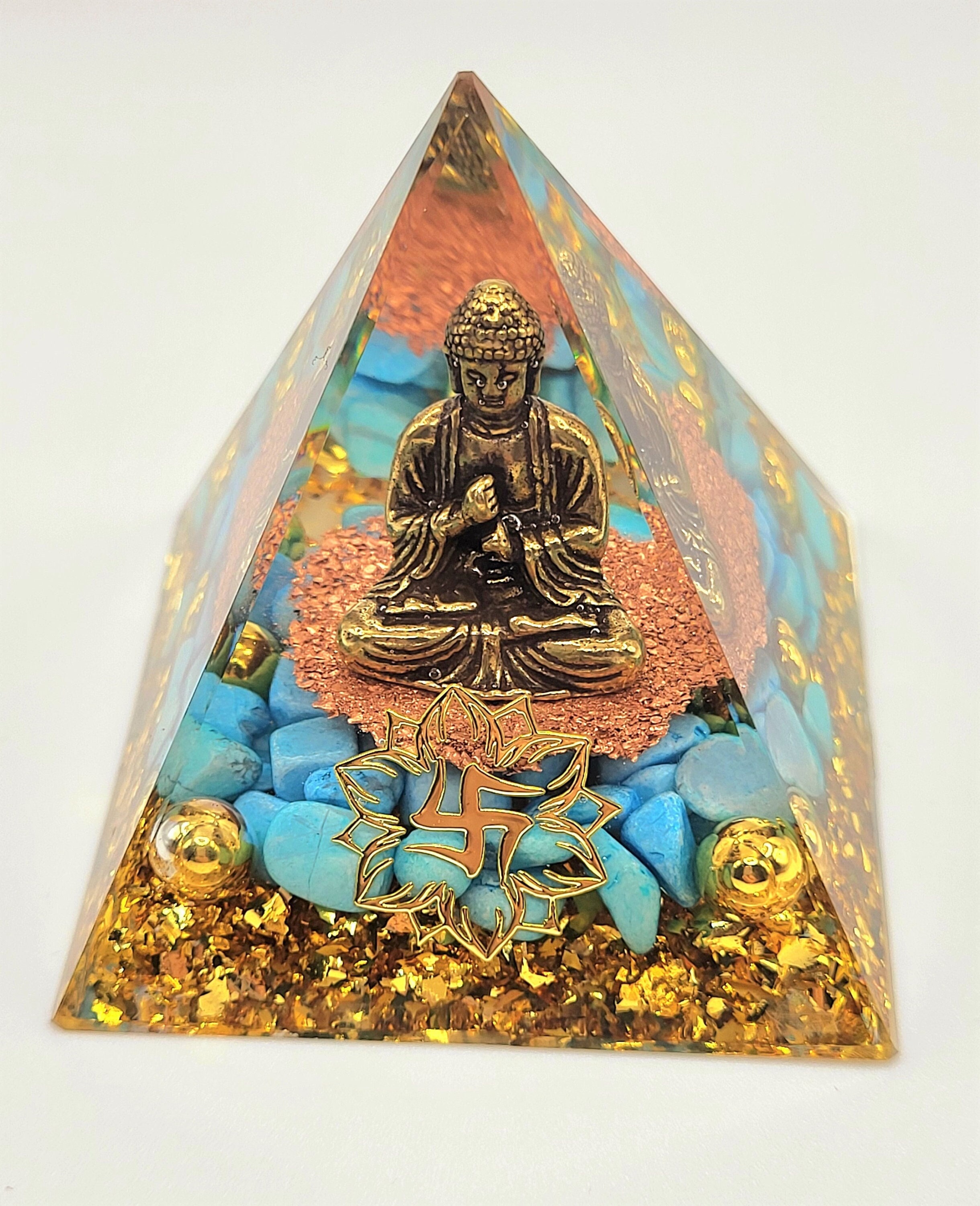 Orgone Pyramid New Design Buddha with Turquoise and Gold Metal Shavings, Healing,  Reiki, Chakras, Yoga 6 CM