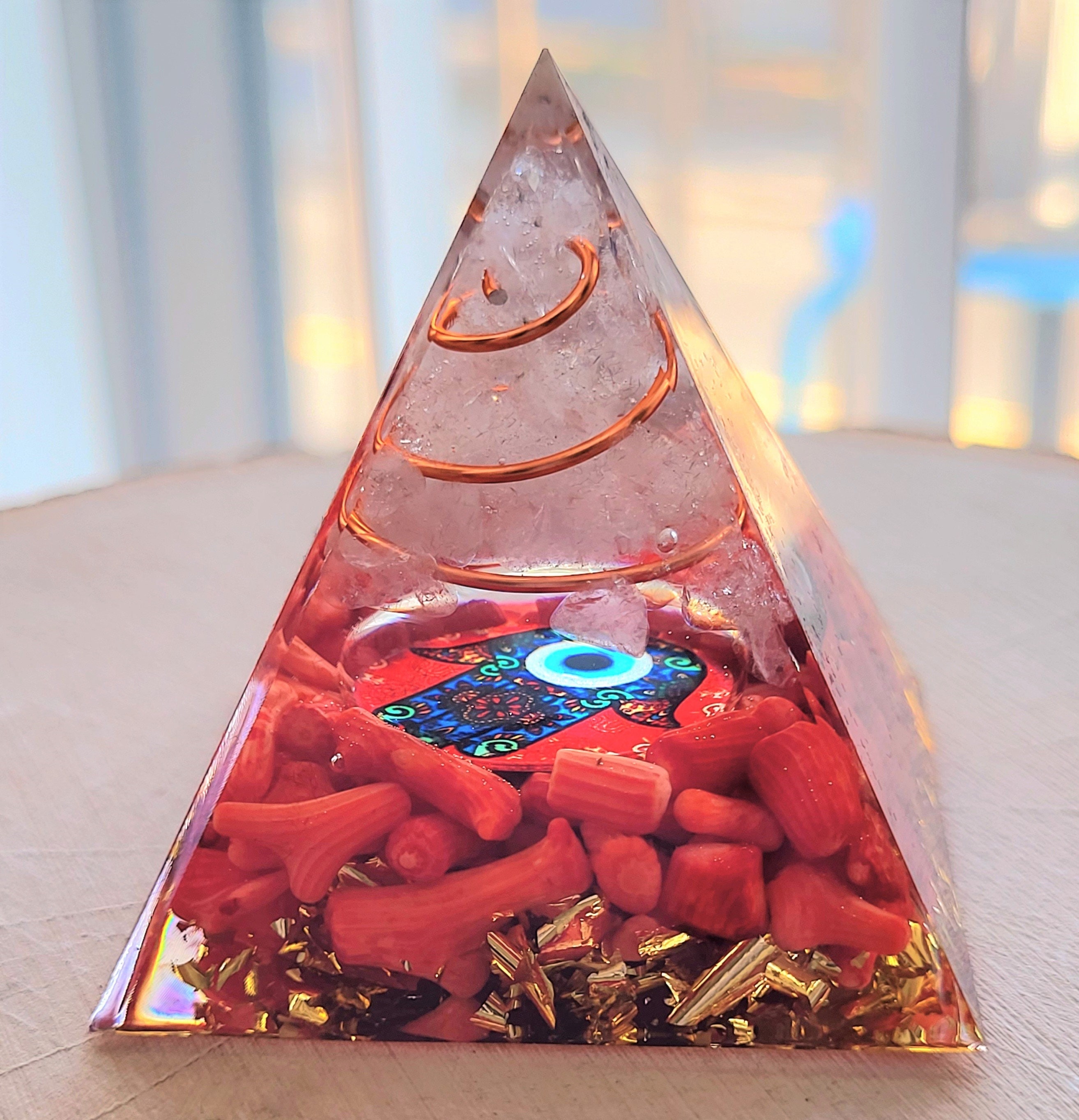 Clear Quartz and Red Coral Hamsa Orgone Pyramid 5 CM, Reiki, Yoga, Meditation, Healing, Decoration