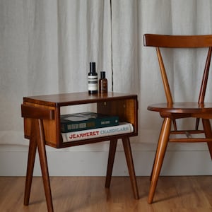 Tasmanian Oak bedside tables Mid Century Modern style (Pair). Light walnut stain. Delivery Sydney-wide.