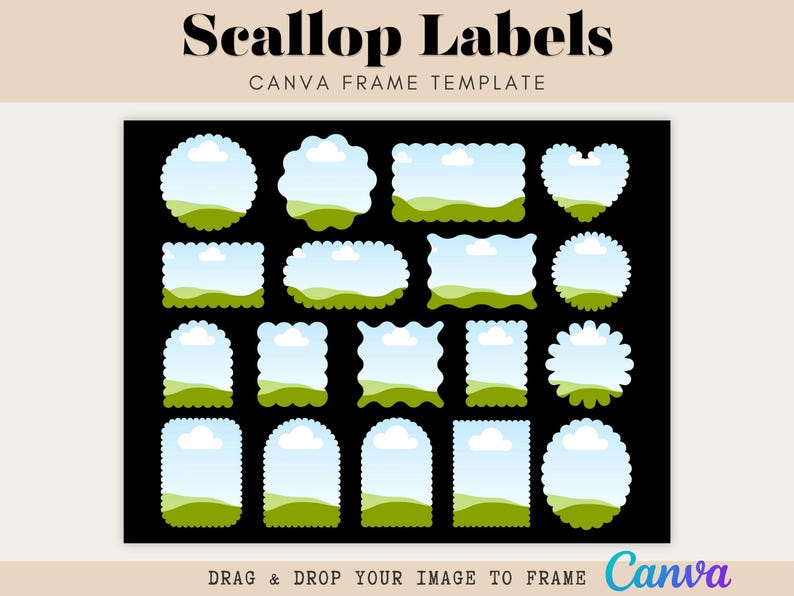 May include: A black background displays various scallop-edged labels with a landscape design. The labels are in different shapes, including circles, rectangles, and hearts. The text "Scallop Labels" and "Canva Frame Template" are at the top.