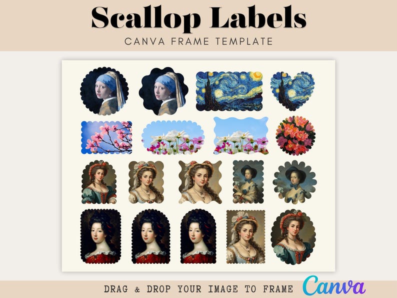 May include: A collection of scallop-edged labels featuring classic art and floral designs. The labels include portraits, landscapes, and floral arrangements. The text "Scallop Labels" and "Canva Frame Template" are displayed at the top of the image.