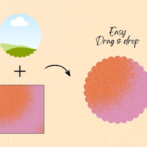 May include: An illustration with a light orange background. It features a cloud and landscape graphic, a square with orange and pink gradients, and a final circle with orange and pink gradients. The text "Easy Drag & drop" is also present.