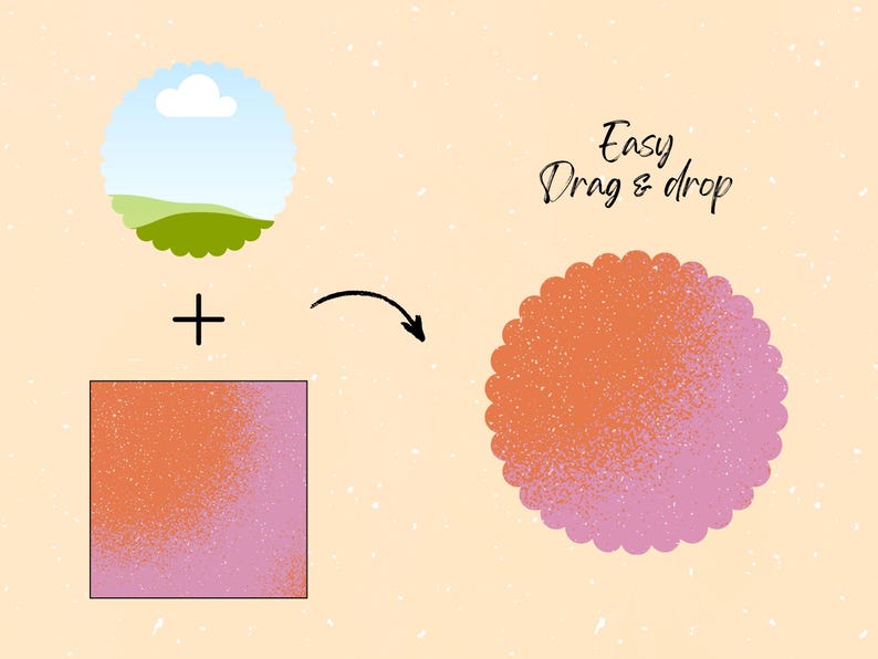 May include: An illustration with a light orange background. It features a cloud and landscape graphic, a square with orange and pink gradients, and a final circle with orange and pink gradients. The text "Easy Drag & drop" is also present.