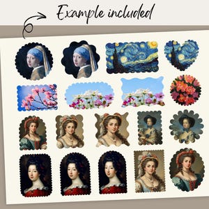 May include: A collection of sticker designs featuring classic art and floral imagery. Includes portraits of women, a starry night scene, and floral arrangements. The text "Example included" is written in black script.