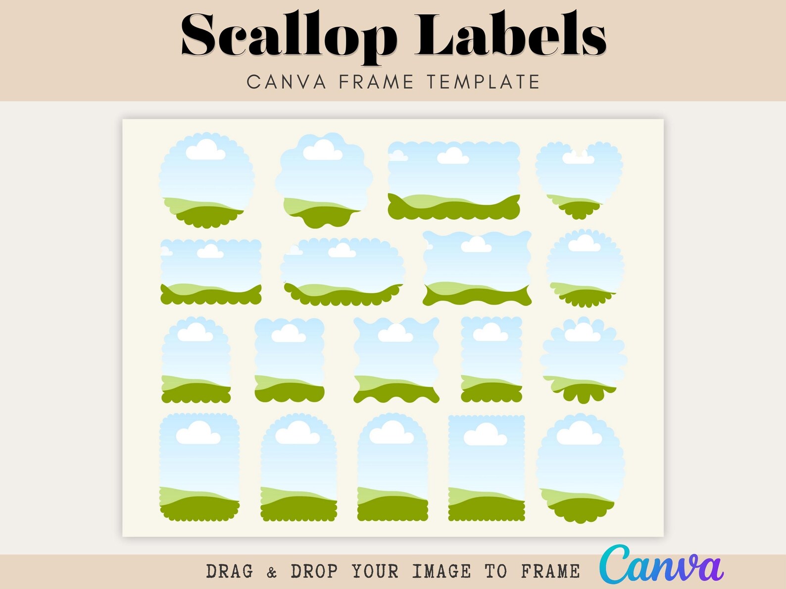 Scalloped Label Canva Frames | Drag & Drop Canva Template (digital ...