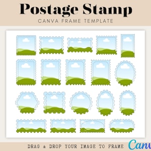 Puede incluir: Una colección de plantillas de sellos postales en varias formas, incluyendo rectángulos y óvalos. Cada sello presenta un cielo azul con una nube y un paisaje verde. El texto "Postage Stamp" y "Canva Frame Template" se encuentra en la parte superior.