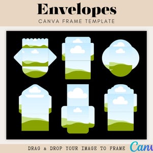 Könnte beinhalten: Grafik mit sechs Umschlagvorlagen mit Landschaftsdesigns. Die Umschläge haben verschiedene Formen, vor einem schwarzen Hintergrund. Der Text "Envelopes" und "CANVA FRAME TEMPLATE" steht oben. Das Canva-Logo befindet sich unten.